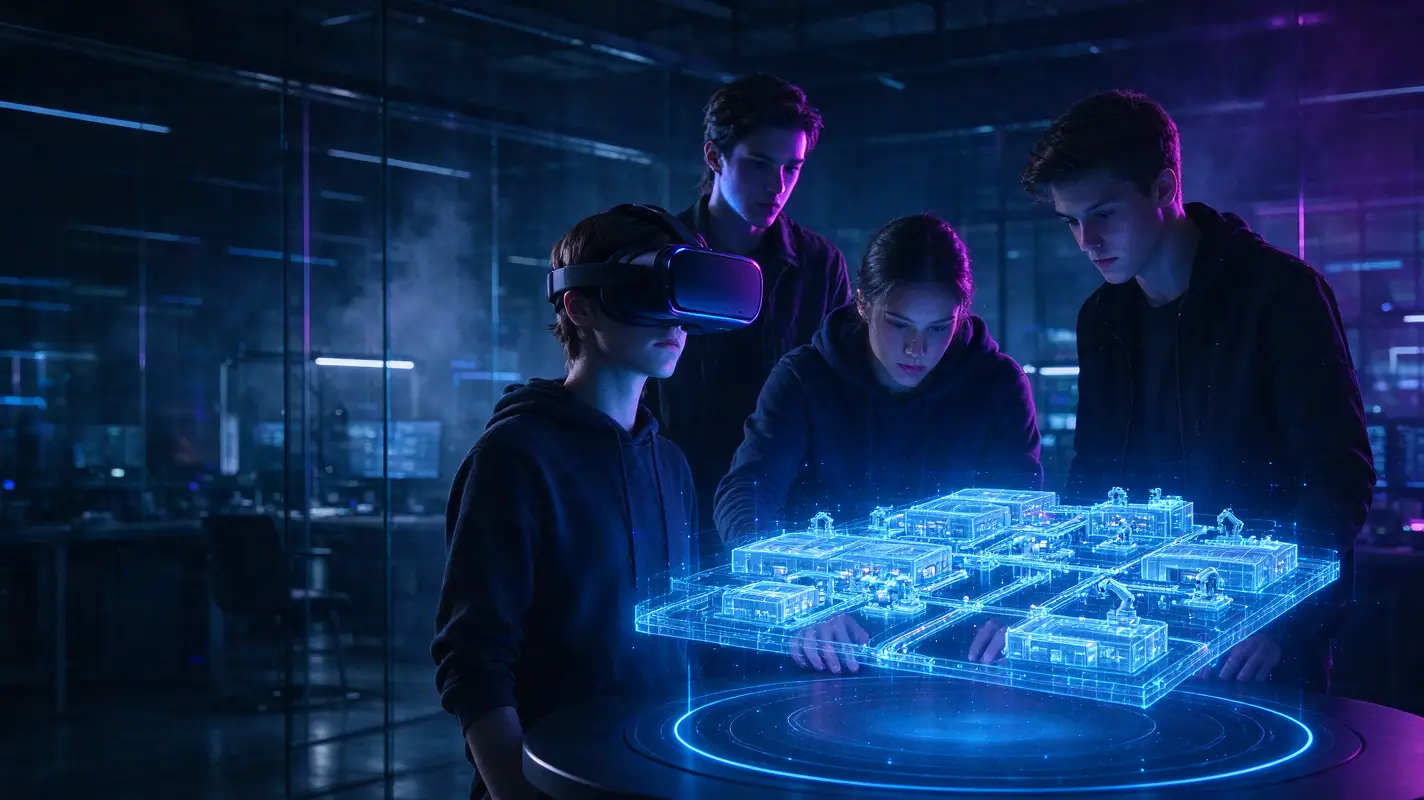Quatre jeunes apprenants autour d’une maquette holographique d’usine connectée, l’un porte un casque de réalité virtuelle