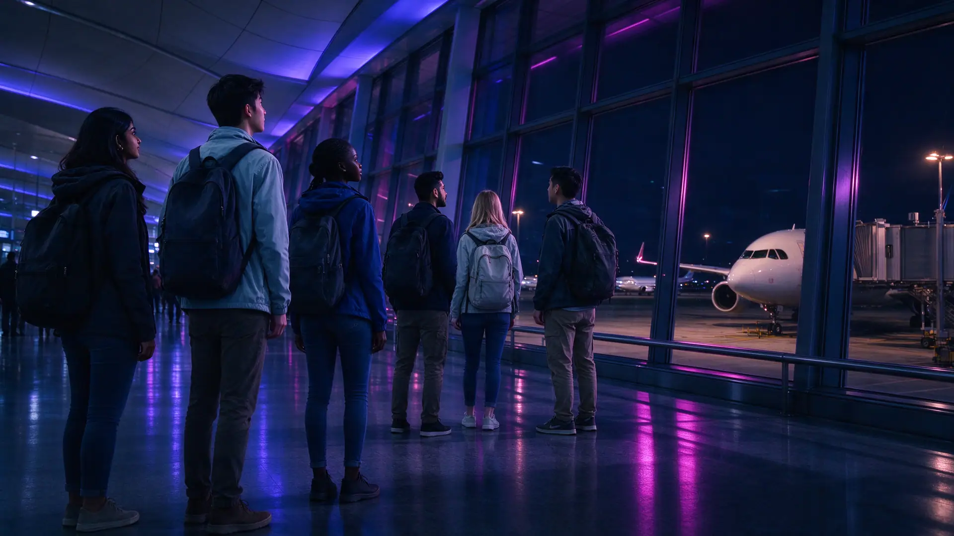 Des étudiants avec leurs sacs à dos dans un terminal d’aéroport, face aux avions
