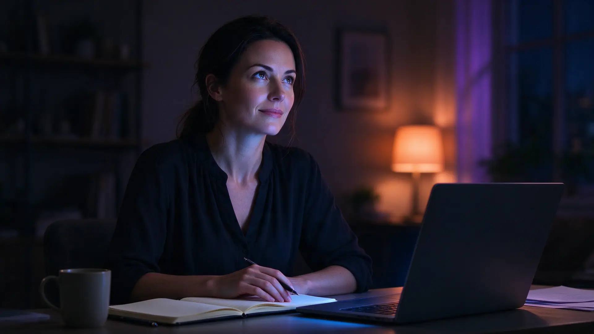 Une femme prépare sa reconversion professionnelle, le soir, devant son ordinateur