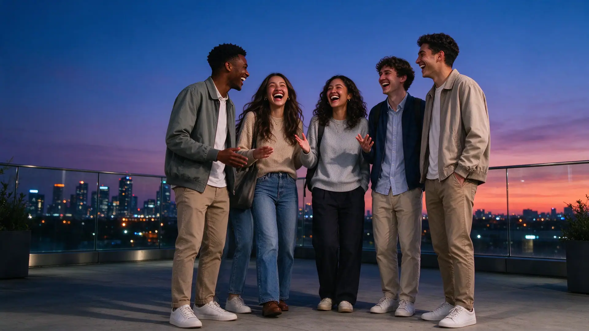 Des étudiants rient ensemble sur un toit-terrasse au coucher du soleil